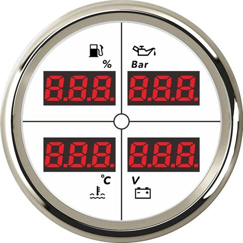 8 Color Backlight 52mm 4 in 1 Multifunction Gauge Digital Gauge 0-190ohm Fuel Level Gauge+Water Temp+Oil Pressure+Voltmeter Car(White Silver) in Saudi Arabia
