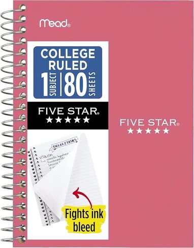 Five Star Spiral Notebook, 1 Subject, College Ruled Paper, 4-3/8" x 7", Personal Size, 80 Sheets, Fights Ink Bleed, Water Resistant Cover, Prom Pink (450048R) in Kuwait