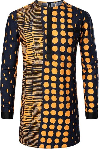 LucMatton Men's African Traditional Pattern Printed Hidden Button Long Sleeve Dashiki Shirt with Pocket in Saudi Arabia