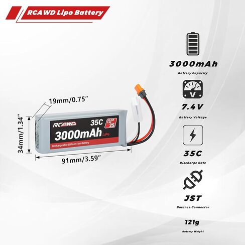 RCAWD 7.4V Lipo Battery 2S 35C 2200mAh with JST Plug IC2 Connector 3S 7.4V 1.3A Charger for 1/12 Losi NAS Brushed Arrma Grom 2S Mojave Typhon Granite Series Upgrades Part in Saudi Arabia