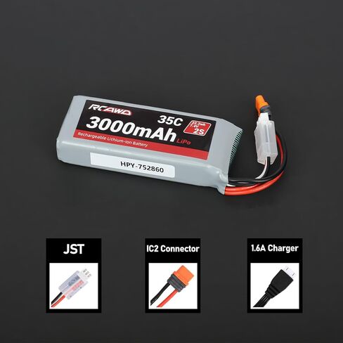 RCAWD 7.4V Lipo Battery 2S 35C 2200mAh with JST Plug IC2 Connector 3S 7.4V 1.3A Charger for 1/12 Losi NAS Brushed Arrma Grom 2S Mojave Typhon Granite Series Upgrades Part in Saudi Arabia