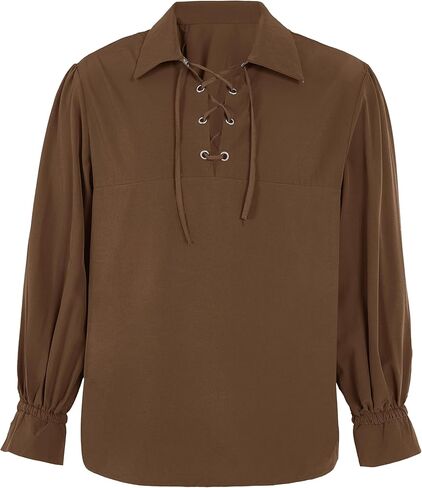 Karlywindow Men's Medieval Pirate Shirts Lace Up Stand Collar Wide Cuff Halloween Costume Shirt Tops in Kuwait