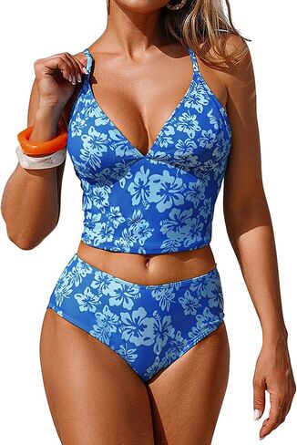 ZAFUL المرأة لطيف الأزهار Tankini ملابس السباحة عالية الخصر Tankini مجموعة متواضعة التغطية الكاملة قطعتين الخامس الرقبة الصيف ملابس السباحة in Kuwait