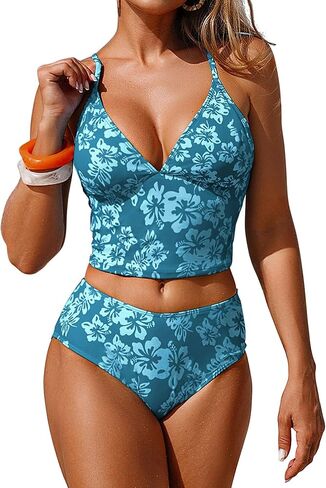 ZAFUL المرأة لطيف الأزهار Tankini ملابس السباحة عالية الخصر Tankini مجموعة متواضعة التغطية الكاملة قطعتين الخامس الرقبة الصيف ملابس السباحة in Saudi Arabia