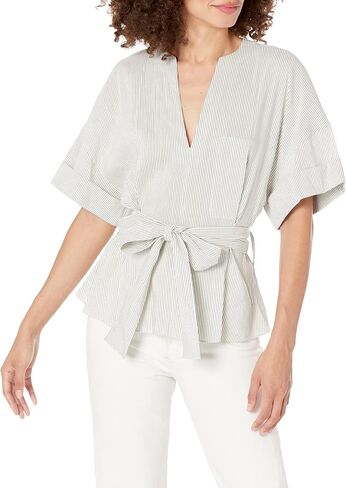 Vince Women's Stripe Cuffed S/S V-Neck Blouse in Saudi Arabia