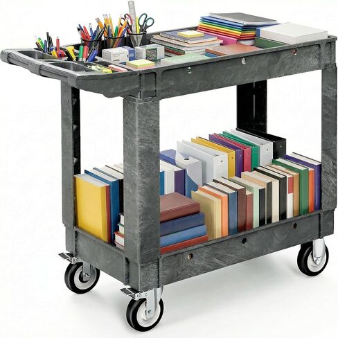 DWVO Service Utility Cart on Wheels, 550 lbs 2 Shelf Heavy Duty Rolling Carts, 45 x 25 in Plastic Cart Work Carts with Wheels for Warehouse Garage School & Office, Cleaning in Saudi Arabia