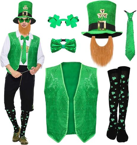 7PCS St Patrick's Day Leprechaun Costume, St. Patrick's Day Outfit Accessories Hat Beard Bow Tie Vest Socks Sunglasses Irish Shamrock Accessories for Adult Men Women Green in Saudi Arabia