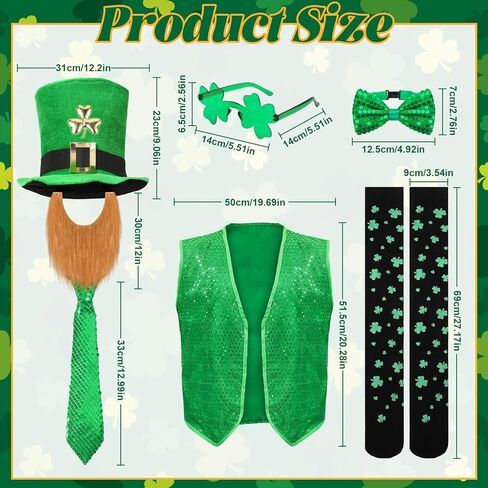 7PCS St Patrick's Day Leprechaun Costume, St. Patrick's Day Outfit Accessories Hat Beard Bow Tie Vest Socks Sunglasses Irish Shamrock Accessories for Adult Men Women Green in Saudi Arabia