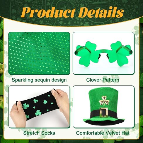 7PCS St Patrick's Day Leprechaun Costume, St. Patrick's Day Outfit Accessories Hat Beard Bow Tie Vest Socks Sunglasses Irish Shamrock Accessories for Adult Men Women Green in Saudi Arabia