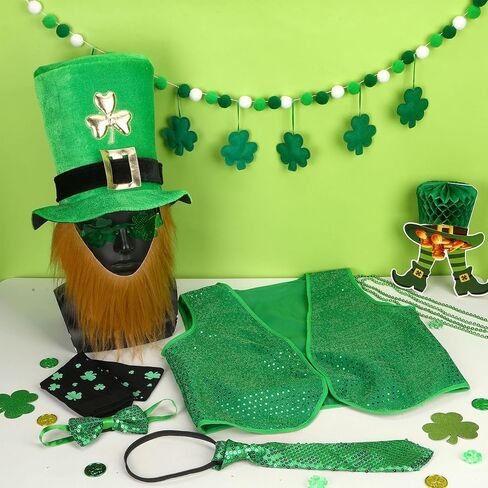 7PCS St Patrick's Day Leprechaun Costume, St. Patrick's Day Outfit Accessories Hat Beard Bow Tie Vest Socks Sunglasses Irish Shamrock Accessories for Adult Men Women Green in Saudi Arabia