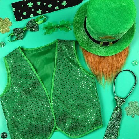 7PCS St Patrick's Day Leprechaun Costume, St. Patrick's Day Outfit Accessories Hat Beard Bow Tie Vest Socks Sunglasses Irish Shamrock Accessories for Adult Men Women Green in Saudi Arabia