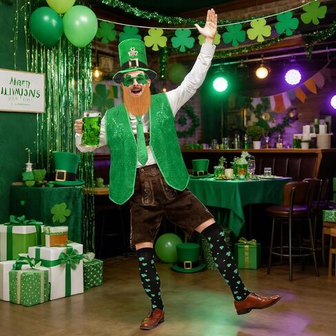 7PCS St Patrick's Day Leprechaun Costume, St. Patrick's Day Outfit Accessories Hat Beard Bow Tie Vest Socks Sunglasses Irish Shamrock Accessories for Adult Men Women Green in Saudi Arabia