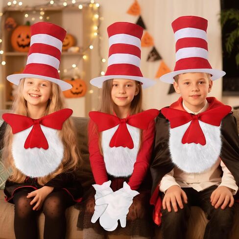 4 قطع زي الهالوين، فيونكة حمراء/قبعة مخططة باللون الأحمر والأبيض/فروي أبيض/قفازات بيضاء إكسسوارات أزياء الهالوين in Kuwait