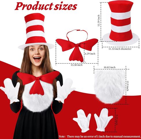 4 قطع زي الهالوين، فيونكة حمراء/قبعة مخططة باللون الأحمر والأبيض/فروي أبيض/قفازات بيضاء إكسسوارات أزياء الهالوين in Kuwait