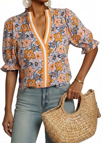 Dokotoo Women's Summer Boho Floral Ruffle Shirt Puff Short Sleeve V Neck Casual Trendy Cute Blouse Tops in Saudi Arabia