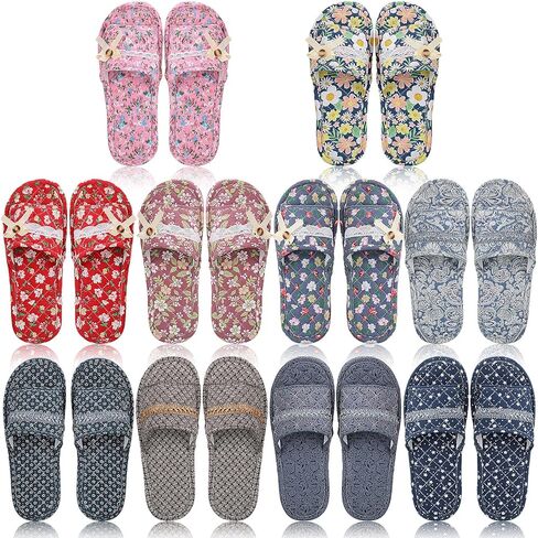 Chuarry 10 Pairs Floral Cotton House Slippers for Guest Women Washable Indoor Cotton Slippers Open Toe for Hotel Travel Airplane Spa, 2 Sizes in Saudi Arabia