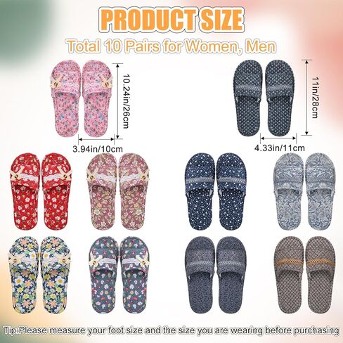 Chuarry 10 Pairs Floral Cotton House Slippers for Guest Women Washable Indoor Cotton Slippers Open Toe for Hotel Travel Airplane Spa, 2 Sizes in Saudi Arabia
