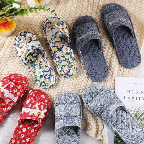 Chuarry 10 Pairs Floral Cotton House Slippers for Guest Women Washable Indoor Cotton Slippers Open Toe for Hotel Travel Airplane Spa, 2 Sizes in Saudi Arabia
