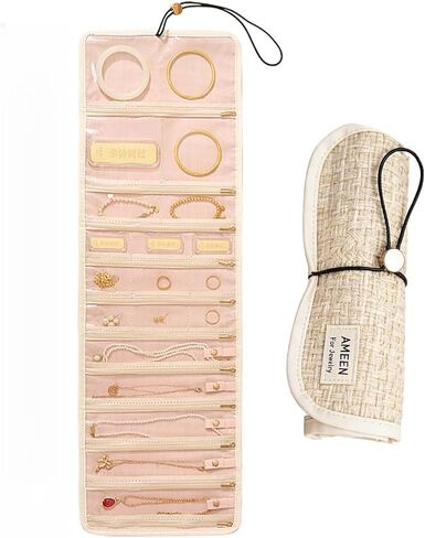 Roll Up Travel Jewelry Organizer Bag, Clear Zipper Pocket Jewelry Roll with Tweed Fabric & PVC, Multi-Compartment Storage for Rings Earrings Necklaces Bracelets, 3 Colors in Saudi Arabia