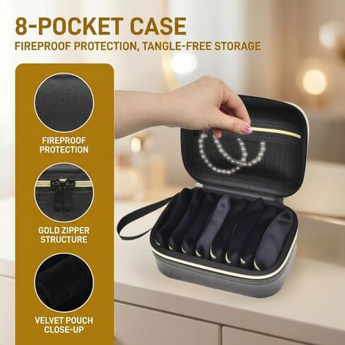 Fireproof Jewelry Travel Case, 8-Pocket Water-resistant Eva Jewelry Organizer Box with Gold Zipper, Black Portable Jewelry Holder for Women for Travel and Home Storage (Case+8 Pockets Only) in Saudi Arabia
