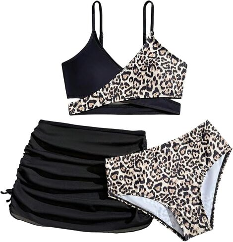 SOLY HUX Girl's 3 Piece Leopard Bikini Set Cheetah Print Criss Cross Wrap Bathing Suit Swimsuit with Cover Up Skirt in Saudi Arabia