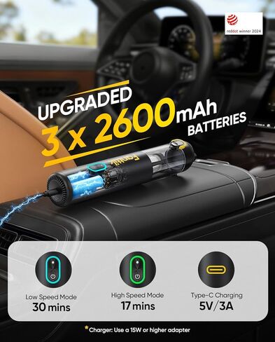 مكنسة سيارة لاسلكية مطورة من Fanttik V8 Mate، مكنسة كهربائية صغيرة محمولة بقوة شفط 13000 باسكال، وضعان للشفط، شحن من النوع C، مكنسة كهربائية محمولة للسيارة، المهام الصغيرة، لوحات المفاتيح، مكتب المكتب (أسود) in Kuwait
