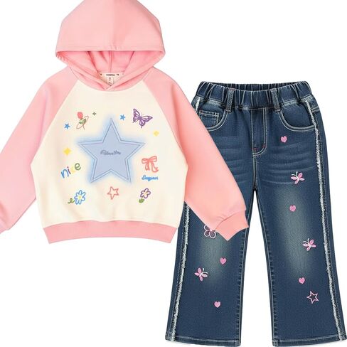 Peacolate 4-10T Spring Fall Little Big Girls 2pcs Clothing Set Pink Hoodie T Shirt and Jeans in Saudi Arabia