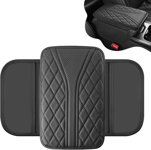Car Center Console Cover, Leather Car Armrest Cover with 2 Storage Bags, Universal Auto Armrest Cushion, Automotive Interior Accessories Arm Rest Protector for Vehicle, SUV, Truck (Black) in Kuwait