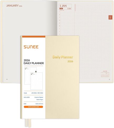 Sunee 2026 Daily Planner A5 Hardcover - منظم الجدول الزمني للساعة مع علامات تبويب شهرية ومتتبع المهام - دفتر إدارة وقت الغلاف البيج للعمل والمدرسة والأهداف الشخصية in Kuwait
