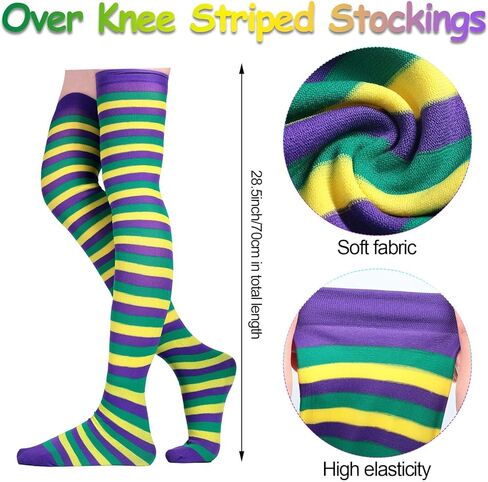 Mardi Gras Thigh High Socks,Striped Over Knee Stockings for Mardi Gras Masquerade Parade Carnival Multicolor in Saudi Arabia