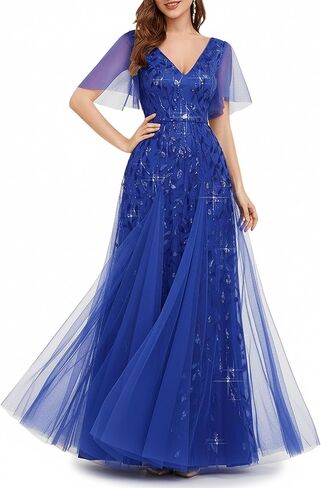 فساتين رسمية طويلة لحفلات الكوكتيل من Ever-Pretty مقاس كبير على شكل حرف A وأكمام قصيرة، أزرق ياقوتي US16 in Kuwait