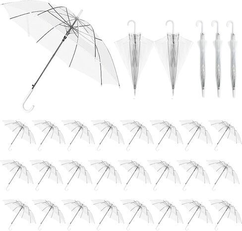30 Pack Clear Wedding Umbrellas Bulk, Auto Open Stick Umbrellas with White European J Hook Handle Windproof Large Canopy Umbrella for Outdoor Wedding Bride Groom Photography GolfStick Umbrellas in Saudi Arabia