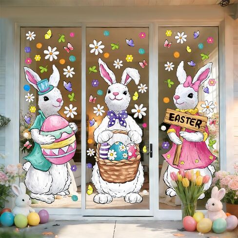 6 أوراق نافذة عيد الفصح تلتصق كبيرة جدًا لعيد الفصح نافذة الشارات النفط اللوحة الأرانب البيض الزهور ملصقات لقضاء عطلة المنزل مكتب المدرسة هدايا ديكور الربيع الزجاج الديكور in Kuwait