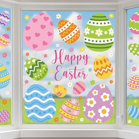 4 Sheets Extra Large Easter Window Clings Double-Sided Happy Easter Egg Window Stickers Reusable Eggs Flowers Spring Windows Decals for Spring Holiday Party Gifts Home School Office Shop Glass Decor in Saudi Arabia