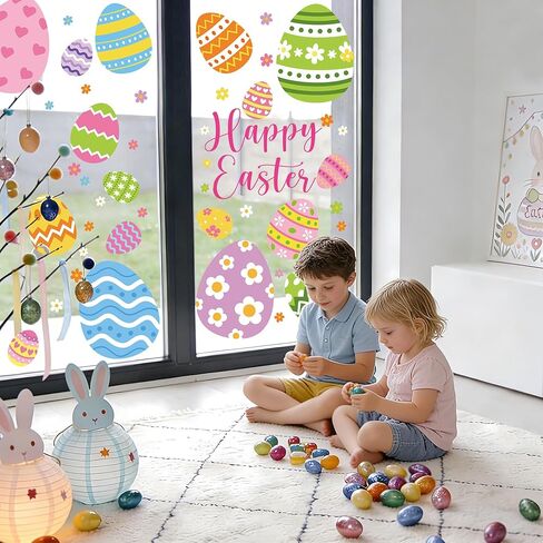 4 Sheets Extra Large Easter Window Clings Double-Sided Happy Easter Egg Window Stickers Reusable Eggs Flowers Spring Windows Decals for Spring Holiday Party Gifts Home School Office Shop Glass Decor in Saudi Arabia