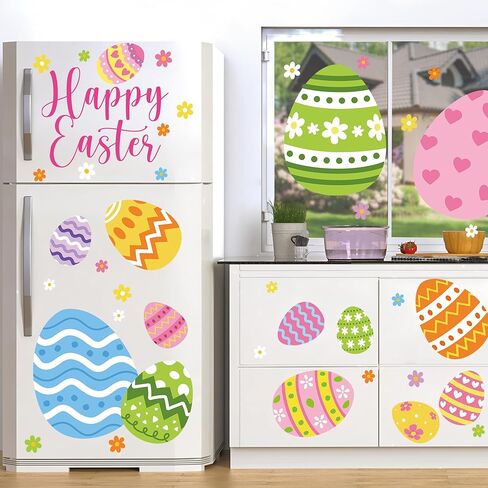 4 Sheets Extra Large Easter Window Clings Double-Sided Happy Easter Egg Window Stickers Reusable Eggs Flowers Spring Windows Decals for Spring Holiday Party Gifts Home School Office Shop Glass Decor in Saudi Arabia