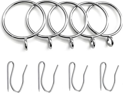 Curtain Rings with Eyelets, Metal Curtain Hooks for Drapes, Drape Ring 1.5 in Inner Diameter Fits Up to 1 1/4 inch Curtain Rod, 1.2 in Drapery Pins (22Pcs Silver Curtain Rings and 30Pcs Silver Hooks) in Saudi Arabia