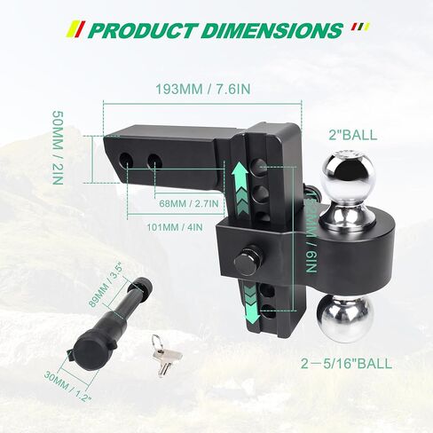 Trailer Hitch (Fits 2-Inch Receiver) - Heavy Duty Aluminum Tow Hitches with 6-Inch Drop/Rise for Truck (12,500 LBS GTW) - Weatherproof Double Anti-Theft Locking Hitch Pins (Black) in Saudi Arabia