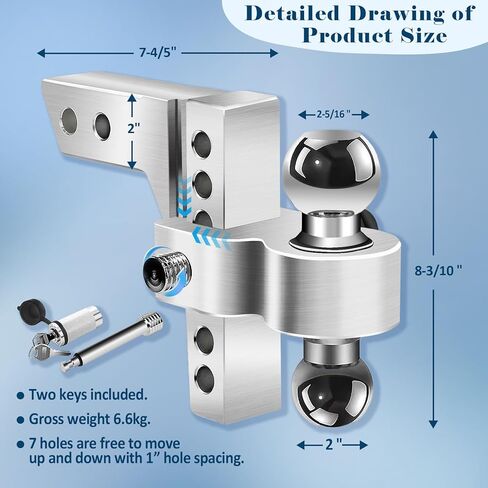 Adjustable Trailer Hitch Fits 2-inch Receiver, Heavy Duty Aluminum Tow Hitches,6-inch Drop/Rise, Solid Tube Hitch,for Truck(12,500 LBS GTW), Double Anti-Theft Locking Hitch Pins (Silver) in Saudi Arabia