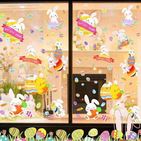 Easter Window Clings,9 Sheets Easter Bunny Egg Tree Chick Window Cling Multicolor Decorations for Glass Spring Window Clings Decal in Saudi Arabia