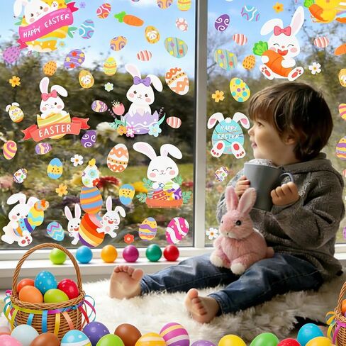 Easter Window Clings,9 Sheets Easter Bunny Egg Tree Chick Window Cling Multicolor Decorations for Glass Spring Window Clings Decal in Saudi Arabia