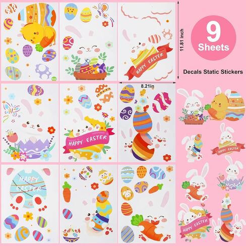 Easter Window Clings,9 Sheets Easter Bunny Egg Tree Chick Window Cling Multicolor Decorations for Glass Spring Window Clings Decal in Saudi Arabia