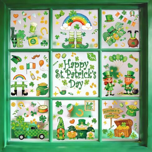 255 قطعة من ملصقات النوافذ لعيد القديس باتريك، 9 أوراق حظًا سعيدًا، عملات معدنية شامروك ليبرشاون، ملصقات زجاجية لديكور نوافذ عيد القديس باتريك في المنزل والمكتب والمدرسة والربيع in Kuwait
