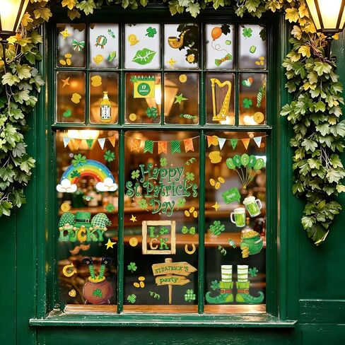255 قطعة من ملصقات النوافذ لعيد القديس باتريك، 9 أوراق حظًا سعيدًا، عملات معدنية شامروك ليبرشاون، ملصقات زجاجية لديكور نوافذ عيد القديس باتريك في المنزل والمكتب والمدرسة والربيع in Kuwait
