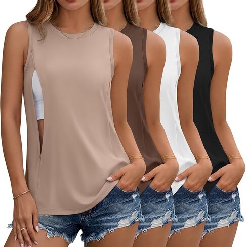 4 Pack Women's Nursing Tank Tops for Breastfeeding with Hidden Zippers Sleeveless Shirts Loose Fit Maternity Tops in Saudi Arabia