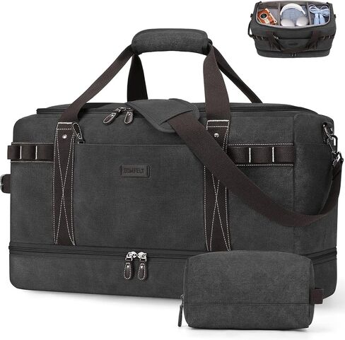 ZOMFELT حقيبة دفل للسفر للرجال، 45 لتر أمتعة محمولة 22 × 14 × 9 معتمدة من شركة الطيران، حقيبة قماش مقاومة للماء طوال الليل مع فواصل قابلة للإزالة، حقيبة رياضية لعطلة نهاية الأسبوع مع جيب للأحذية (أسود مغسول) in Kuwait