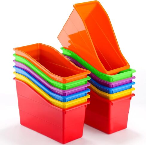 12 Pack Overlapping Classroom Storage Bins (Rainbow Colors) - Durable Book and Binder Holder, Plastic Vertical Storage Book Organizer Folder Classroom Organization Container Supplies in Kuwait