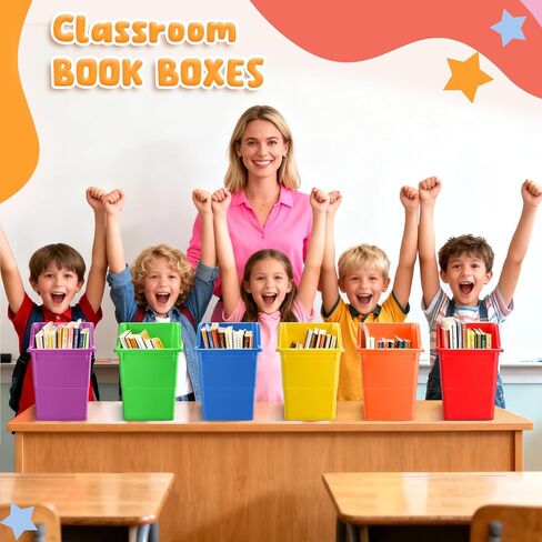 12 Pack Overlapping Classroom Storage Bins (Rainbow Colors) - Durable Book and Binder Holder, Plastic Vertical Storage Book Organizer Folder Classroom Organization Container Supplies in Kuwait