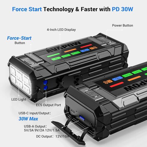 AVAPOW 8000A بطارية Jumper Starter محمولة مع شاشة 4 بوصة عالية الدقة PD 30W شحن سريع ثنائي الاتجاه، صندوق القفز لبداية السيارة 12 فولت ومعزز البطارية لجميع الغازات وحتى جميع محركات الديزل in Kuwait