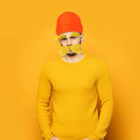 NUMJAW Yellow Mustache Costume Adhesive Mustache Eyebrows The Yellow Hat Monster Costume Fake Mustache Eyebrows Cosplay Costume Accessories Funny Party Favors Book Week Costume Accessories in Saudi Arabia